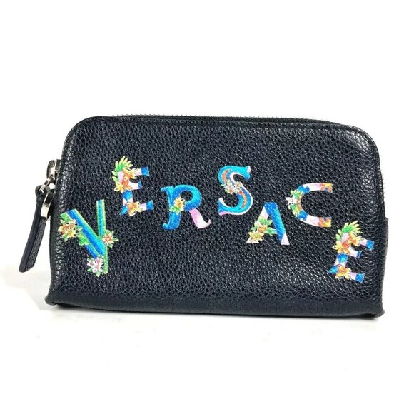 VERSACE Large logo Wallet Coin Compartment Zip Around coin purse Leather Black - Picture 2 of 14